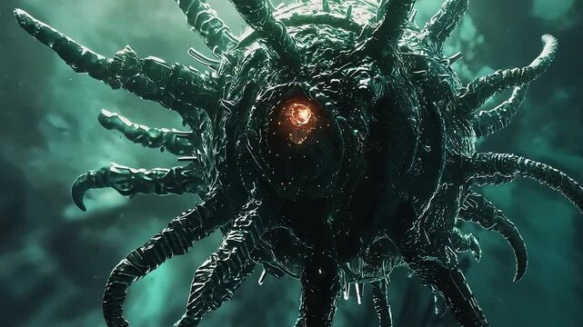 Eerie Cosmic Entity: An ominous, extraterrestrial being looms in a surreal, otherworldly scene, its singular, glowing eye fixated on the viewer.