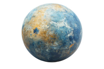 A detailed view of a planet resembling a vibrant, textured surface with blue and brown tones, showcasing unique geological features.