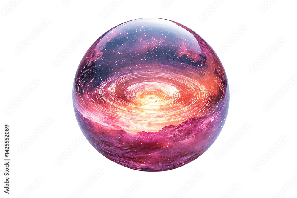 Poster a mesmerizing cosmic swirl encased in a glass-like orb, symbolizing the mysteries of the universe.