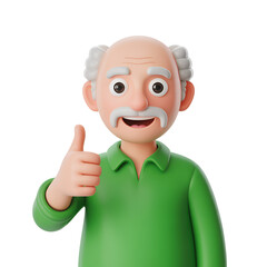 Cartoon grandpa giving thumbs up with green shirt and white hair 3d rendering