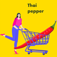 A woman holds cart with Thai pepper.  Chili peppers. Isolated vector illustration.