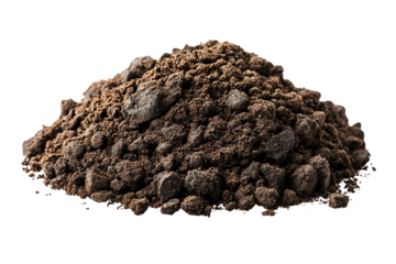 A realistic pile of rich, dark soil on a white isolated background, ideal for gardening or agricultural themes.