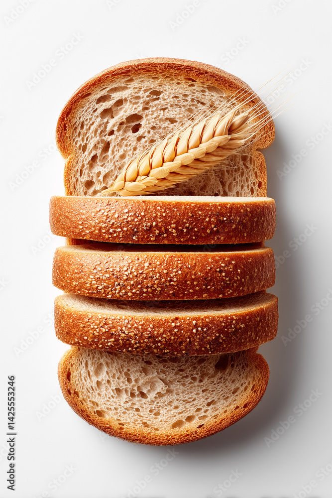 Poster sliced whole grain bread displayed with wheat stalk on plain white backdrop. emphasis on texture and