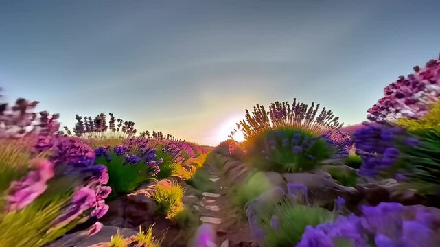 there is a picture of a field of flowers with a person walking on it