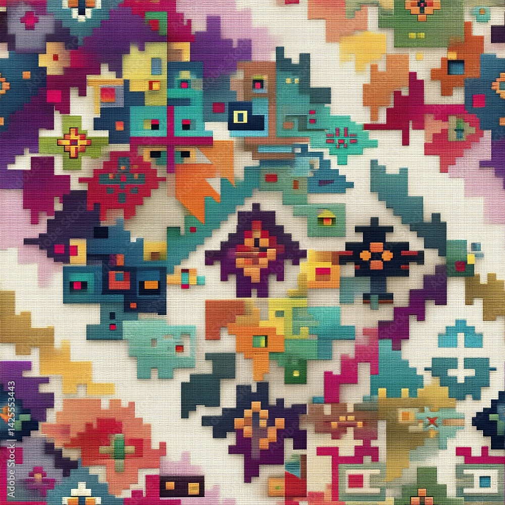 Poster geometric pattern design with pixelated shapes and vibrant color palette