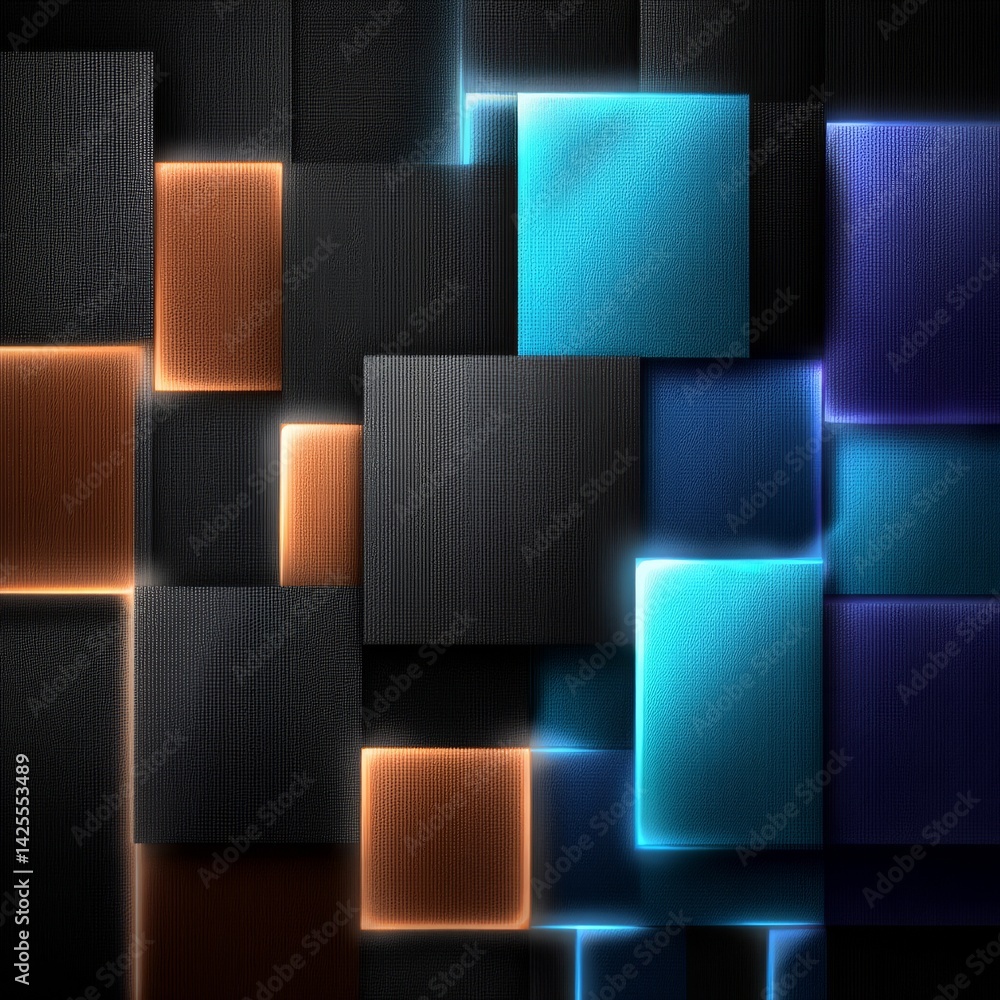Poster geometric pattern: abstract arrangement of textured squares with luminous edges, a modern design