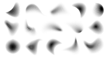 Collection of halftone polka dot abstract shape, curved dotted pattern in halftone theme, twisted black and white gradient texture background, grunge overlay pixel art and vector comic design element.