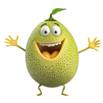Happy cartoon melon character with a cheerful expression and outstretched arms in a playful pose