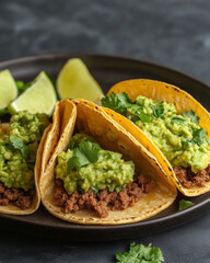  Beef tacos with guacamole and cilantro on dark background