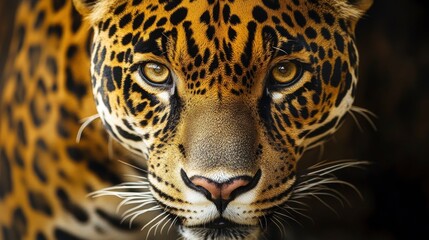 Obraz premium A breathtaking macro shot of a jaguars face, its golden eyes shining with strength and mystery