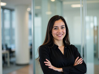 Confident Middle Eastern or Latina Businesswoman Smiling with Arms Crossed &ndash; Professional Female Leader Portrait in Office with Copy Space
