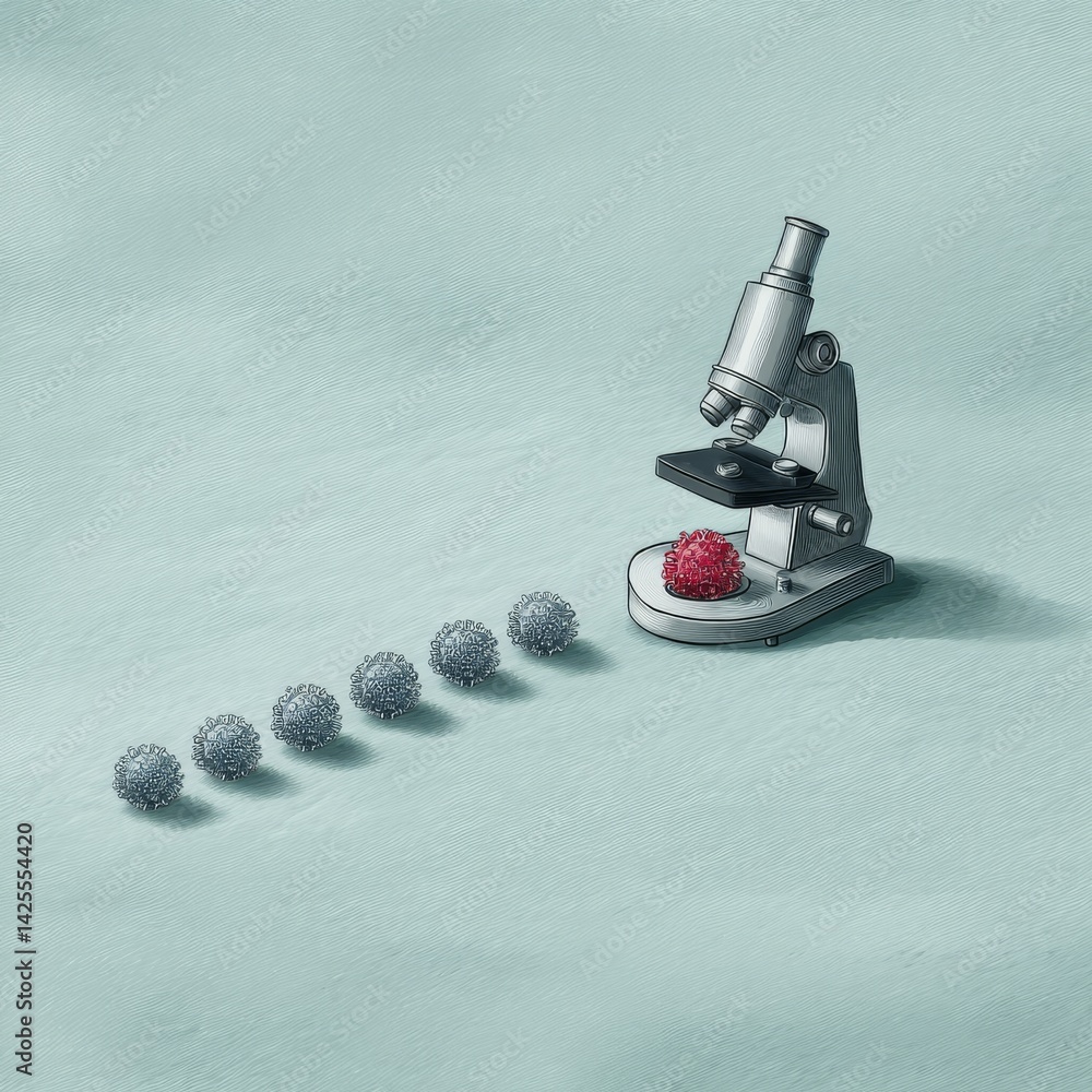 Poster microscopic examination: a line of viruses under scrutiny with a vintage microscope