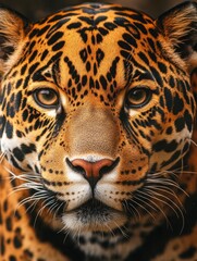 Fototapeta premium A breathtaking macro shot of a jaguars face, its golden eyes shining with strength and mystery