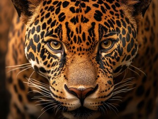 Obraz premium A breathtaking macro shot of a jaguars face, its golden eyes shining with strength and mystery