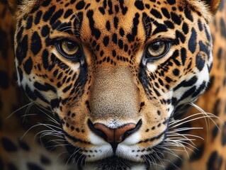 Obraz premium A breathtaking macro shot of a jaguars face, its golden eyes shining with strength and mystery