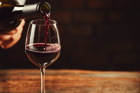 Pouring Red Wine Into Glass With Wall Background With Free Copy Space