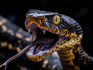 Fototapeta premium A captivating close-up of a snake with its mouth wide open, showcasing its sharp, elongated teeth