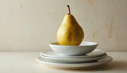 Yellow pear placed on a stack of white plates in a minimalist setting on a neutral background during daylight Generative AI