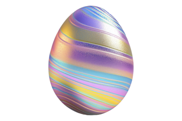 Decorative Easter egg with shimmering pastel stripes in gold, blue, and purple isolated on white transparent background. Symbol of Easter and celebration