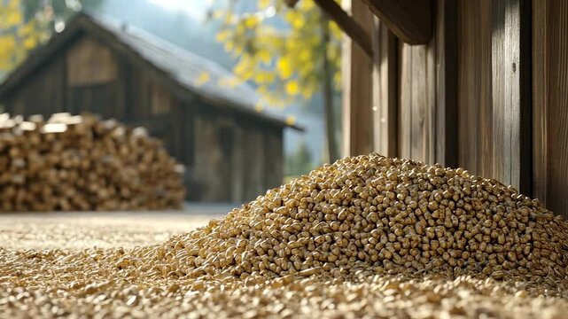 Wood pellets stacked outdoors near rustic cabin
