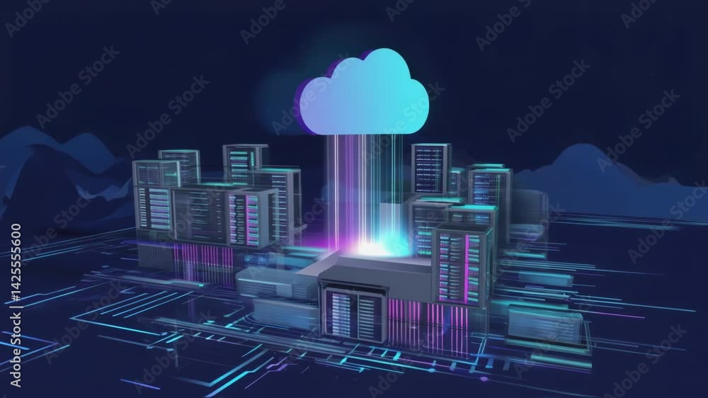 Poster beams of light connect a glowing cloud symbol to a group of servers, representing cloud computing an