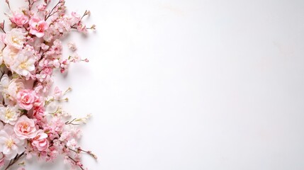 Delicate pink flowers and cherry blossoms arranged vertically on a pristine white background, and minimalist floral composition with soft pastel tones.