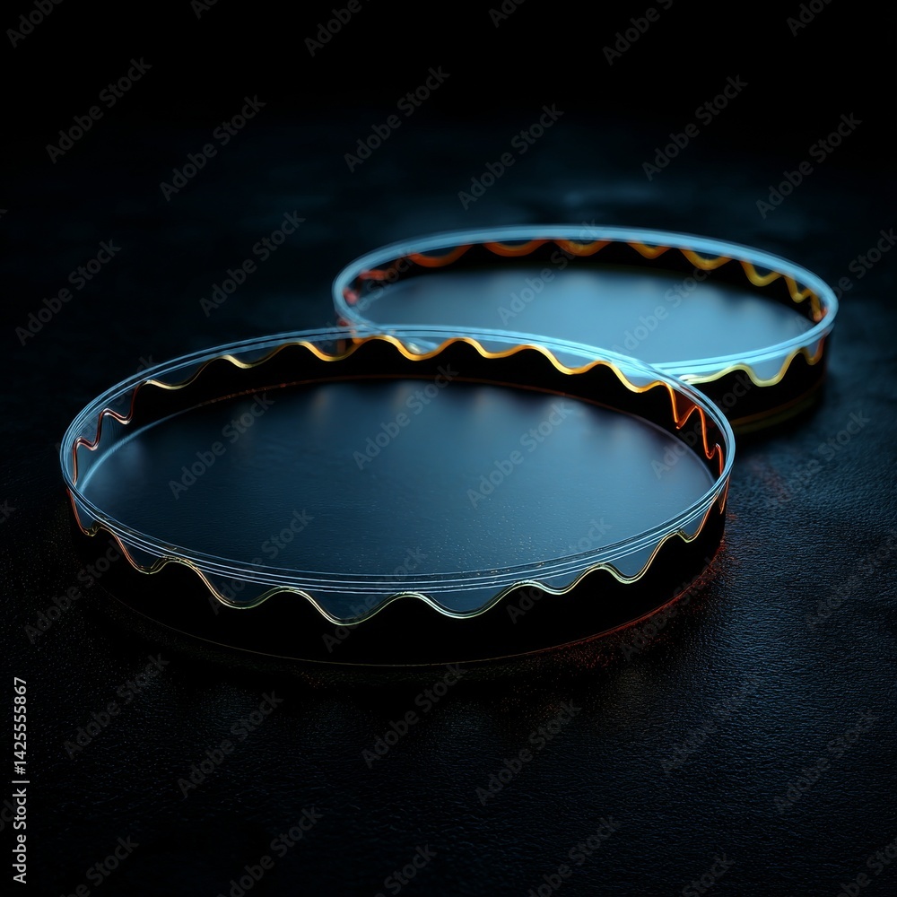 Poster two petri dishes with wavy rim design resting on a dark surface, capturing artistic lighting and ref