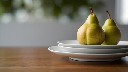 Fresh pears arranged elegantly on white plates in a modern kitchen setting showcasing a tranquil atmosphere with natural light filtering through a window Generative AI