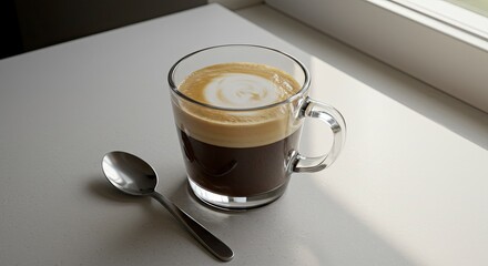 Clear Glass Cup of Coffee with Cream and Spoon Still Life