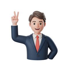 Cartoon man in suit gesturing victory sign with hand raised, smiling cheerfully