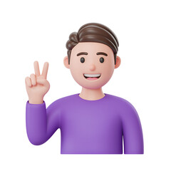 Obraz premium Cartoon man showing peace sign with fingers in 3d render illustration style
