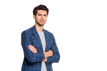 Turned photo of charming guy cross his hands wear checkered blue blazer jacket isolated over white...