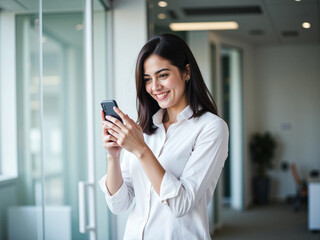 Smiling Indian or Latin Businesswoman Using Smartphone in Office &ndash; CEO or Manager Working Online with Mobile App, Copy Space
