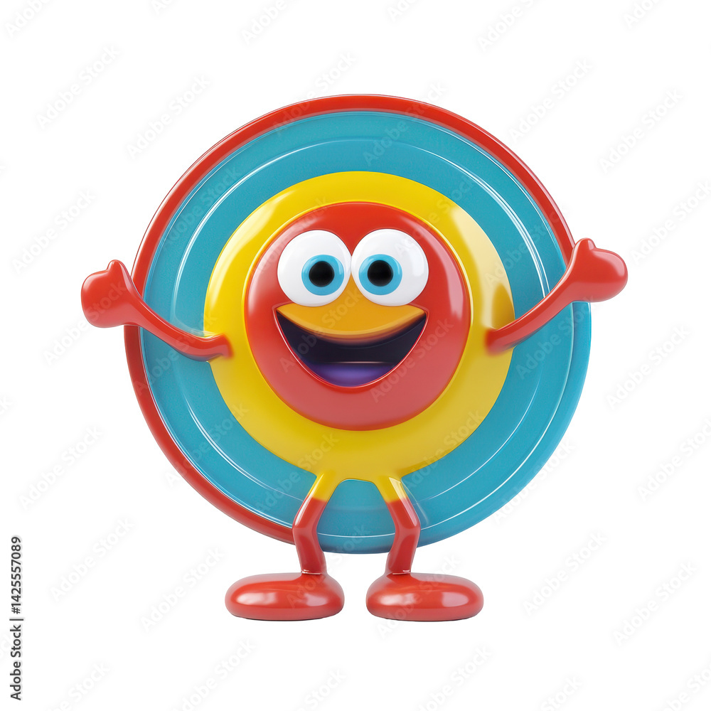 Aufkleber colorful toy character with cheerful expression stands on a round blue and red platform in a playful