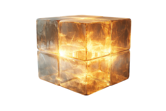 An illuminated ice cube glowing with warm light, showcasing transparency and intricate details on a white isolated background.