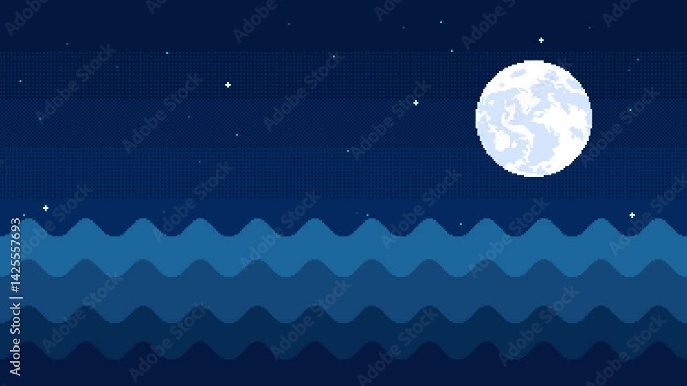 Aufkleber animated pixel art sea waves background. seamless loop animation of seascape at night with moon and 