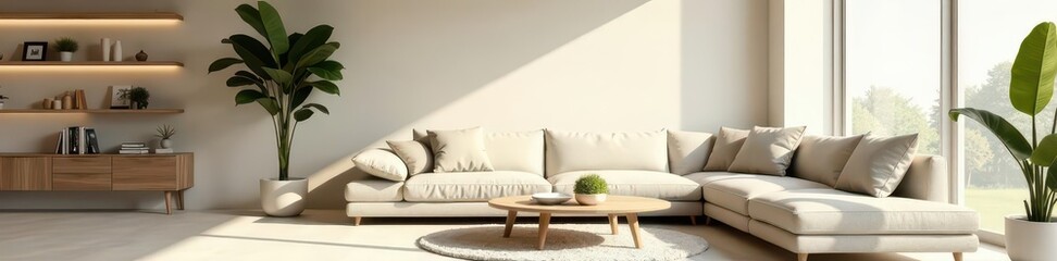 Serene minimalist living room, neutral tones, ample copy space , interior, texture