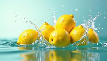 Several ripe lemons hitting water, causing large crown splash , healthy, ripples, splash