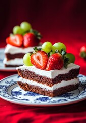 Chocolate cake slices topped with whipped cream and fresh berries on a red background