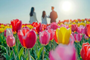 A wide tulip field stretches under the bright sun, filled with vibrant colors of red, pink, yellow, and purple. A family walks through the field, taking pictures and enjoying the view
