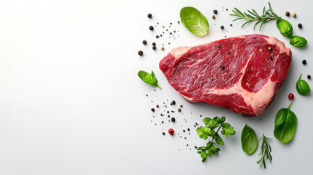 Delicious raw ribeye steak with fresh herbs kitchen counter food photography modern top-down view culinary art