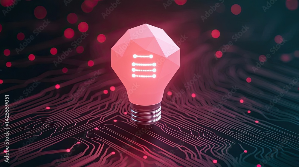 Poster polygon lightbulb in exchange network technology concept. a futuristic light bulb glowing on a circu