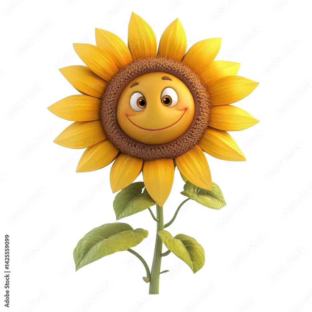 Poster smiling sunflower character with vibrant colors and cheerful expression in animated style