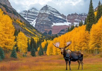 Majestic Moose in Autumnal Aspen Grove, Rocky Mountains