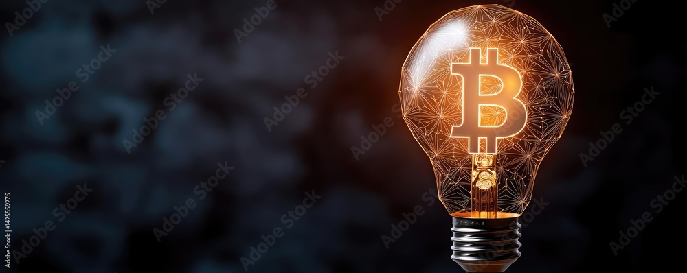 Poster polygon lightbulb in exchange network technology concept. innovative light bulb with glowing bitcoin