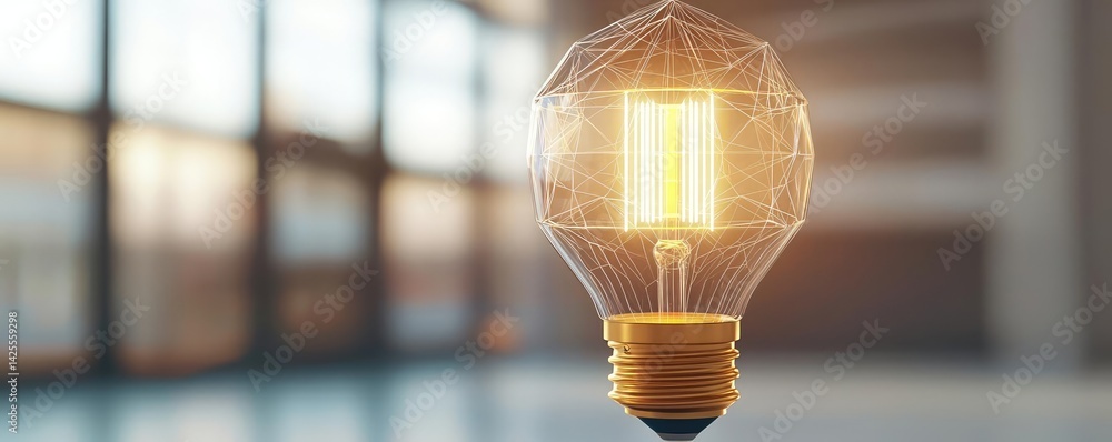 Poster polygon lightbulb in exchange network technology concept. a glowing light bulb illuminating a modern