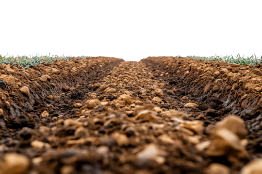 Close-up view of freshly tilled soil with rocky texture, ideal for agriculture and gardening themes.