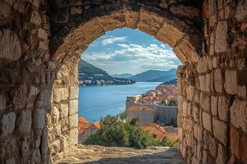 Fototapeta premium Photo of a scenic view on ancient walls and cityscape in Dubrovnik, Croatia, overlooking the Adriatic Sea, on a sunny summer day.