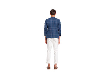 Naklejka premium Back rear full body photo of modern youth stand wear checkered plaid look blazer jacket pants trousers isolated over white background