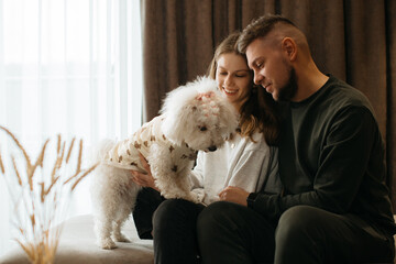 Couple relaxing on sofa with their bichon frise dog in hotel room